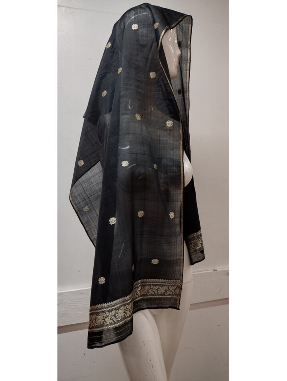 Vintage Black Silk Long Rectangle Scarf Gold Lame Metallic Indian Stole Wrap